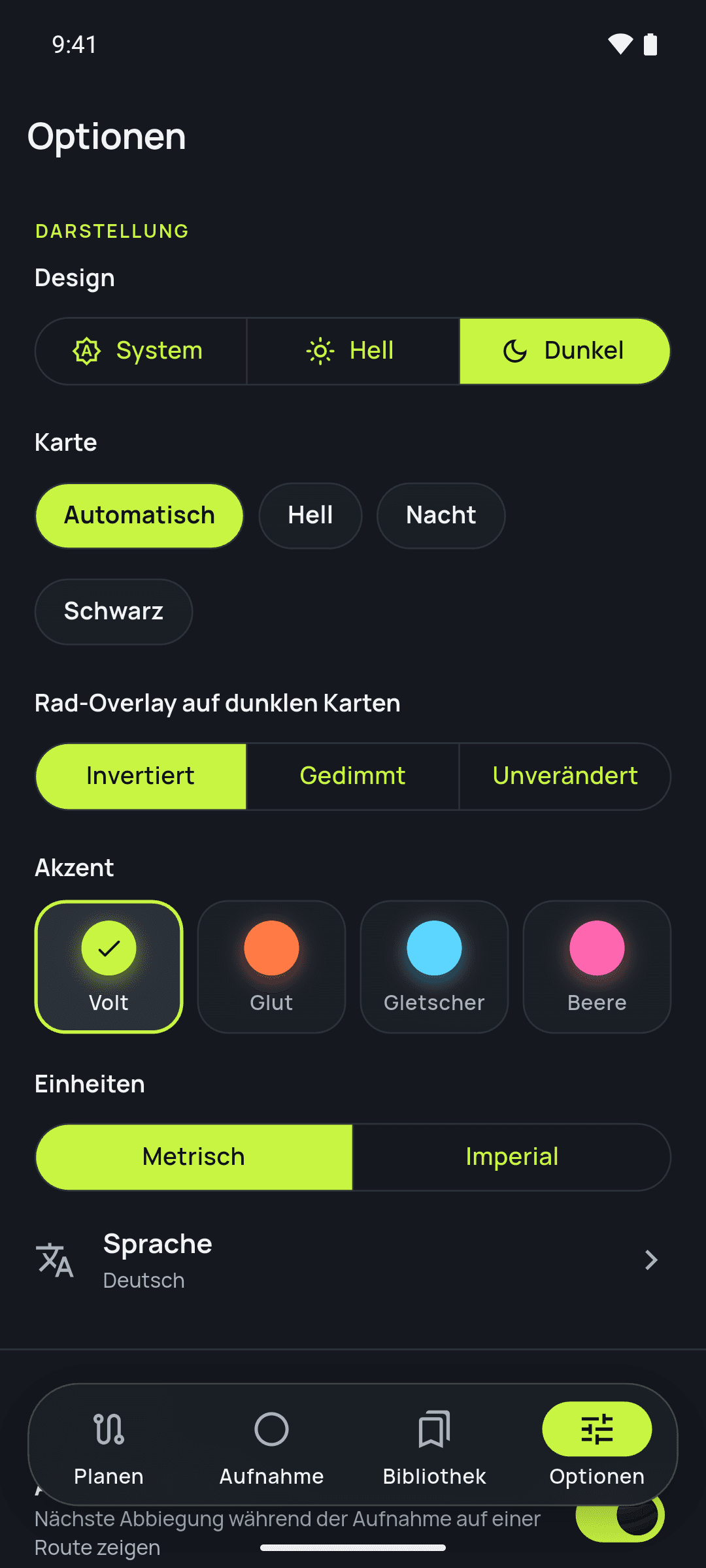 Einstellungen: der Bereich Darstellung mit dem Schalter für Hell, Dunkel und System und den fünf Akzentfarben. Gezeigt im dunklen Design der App.