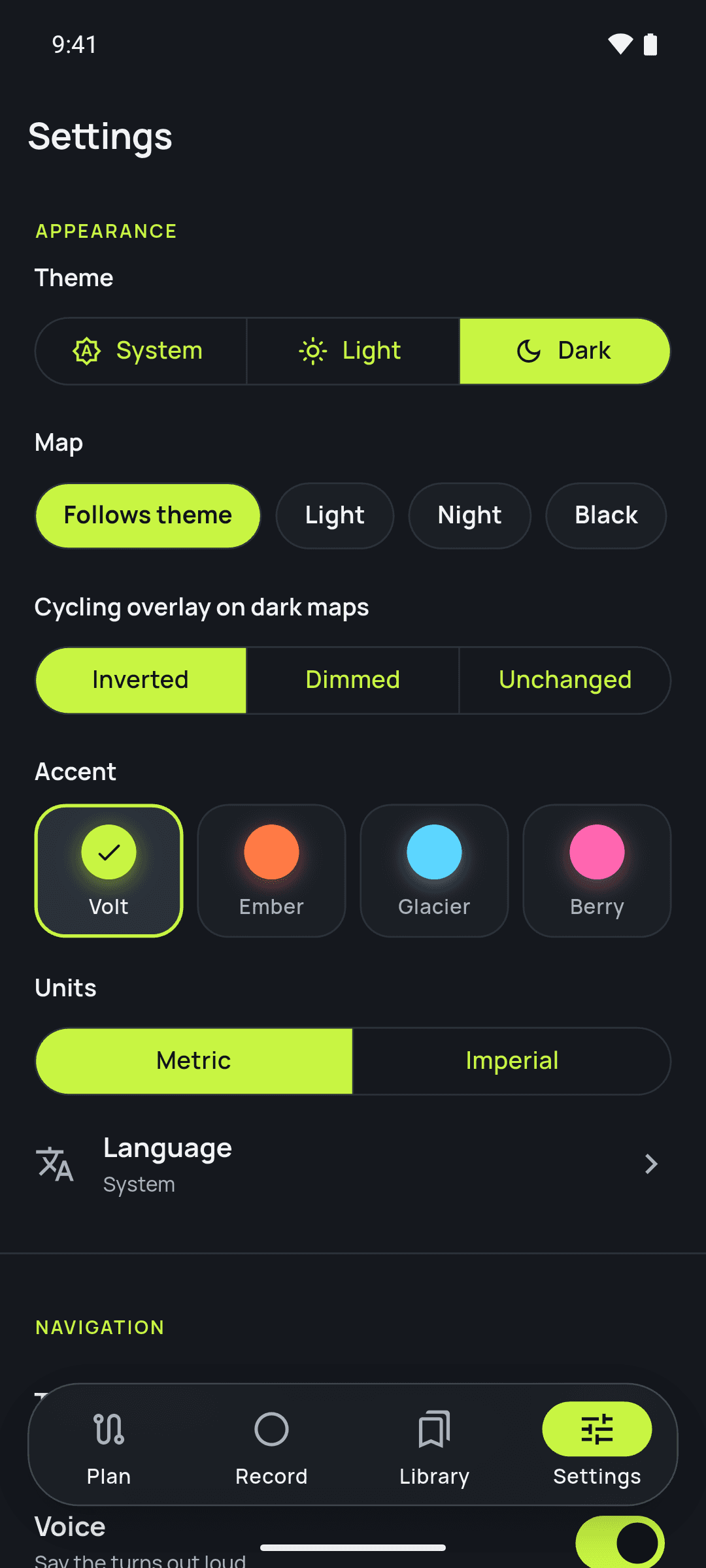Settings: the appearance section with the light, dark and system switch and the five accents. Shown in the app's dark theme.