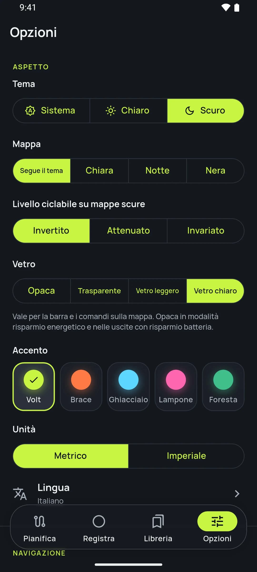 Opzioni: la sezione Aspetto con il selettore chiaro, scuro e sistema e i cinque accenti. Mostrato nel tema scuro dell'app.